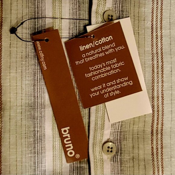 Bruno 100% Washable Linen Short Sleeve Striped Sage Green Button Front Shirt NEW - Picture 11 of 13